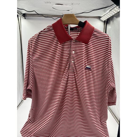 Peter Millar Summer Comfort Atlantic Logo Polo Shirt Sz L Red White Stripe Mens - Picture 1 of 5